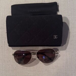 CHANEL Black Quilted Case with Gold-Tone Aviator Sunglasses